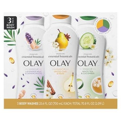 Olay Essential Botanicals Body Wash, 3 Pack Lavender Milk & Sandalwood, Spiced Chai & Pear, White Tea & Cucumber (700ml Each)