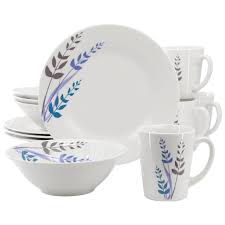 Decorated Dinnerware Set Blue Leaves 12 Pc