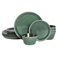 Decorated Dinnerware Set Green Loops 12 Pc