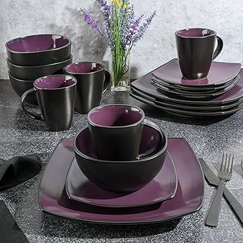 Soho Lounge 16 Piece Sq & Rd Dinnerware Set, Purple/Black