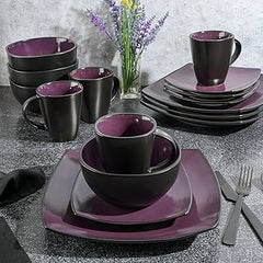 Soho Lounge 16 Piece Sq & Rd Dinnerware Set, Purple/Black