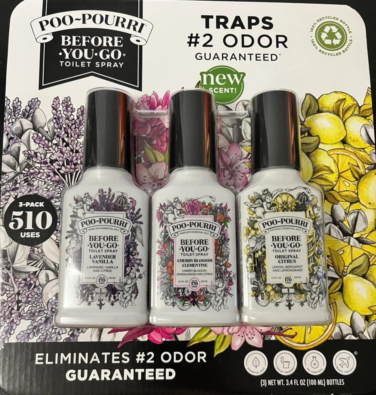 Toilet Spray New Fresh Scent Scent 3 Pack 510 Uses 100 ml Each