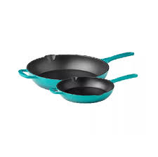 2PC Cast Iron Skillets (9in and 13in) - Teal