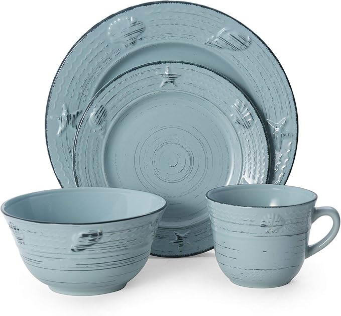 Trellis Coastal 16 Piece Teal Dinnerware Set