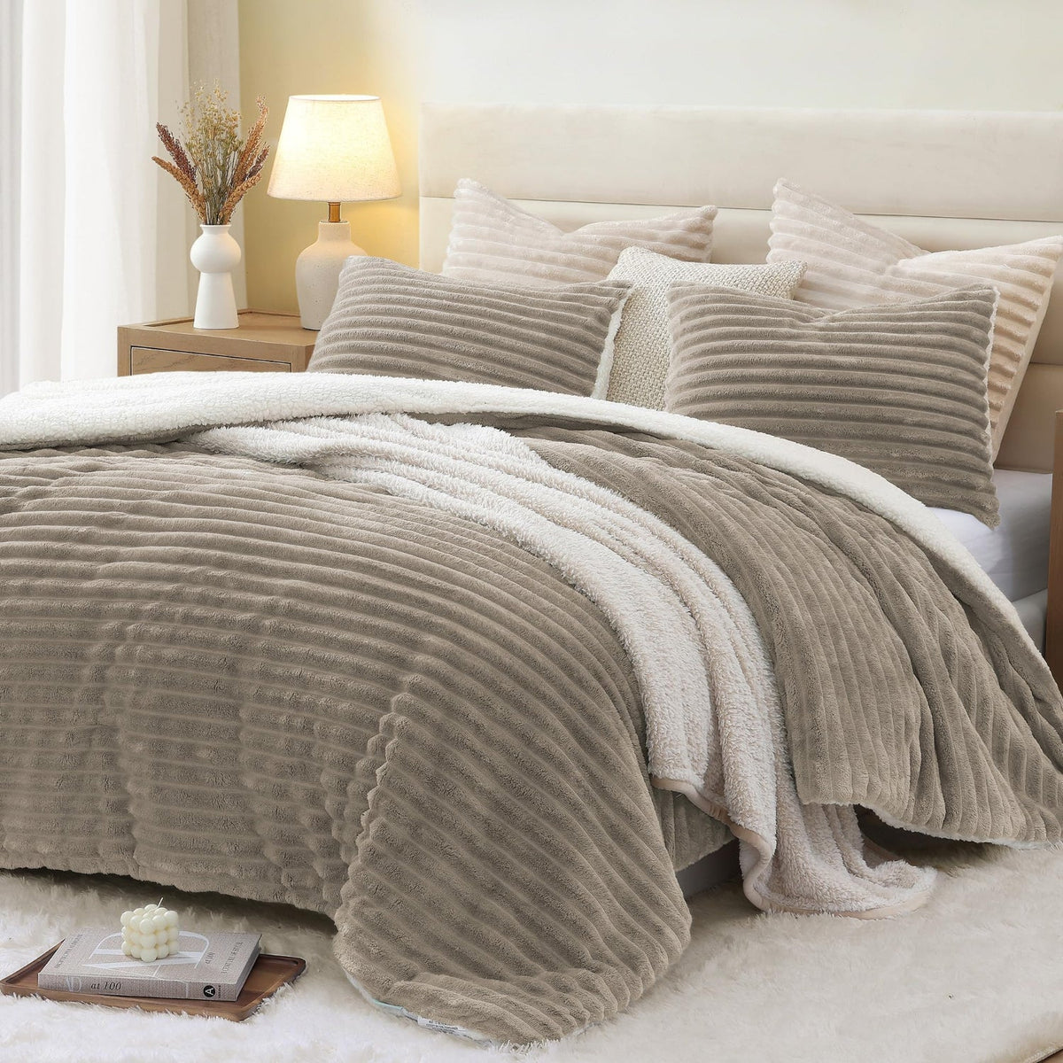3 Piece Comforter Full/Queen Linen & Cotton Blend Light Taupe