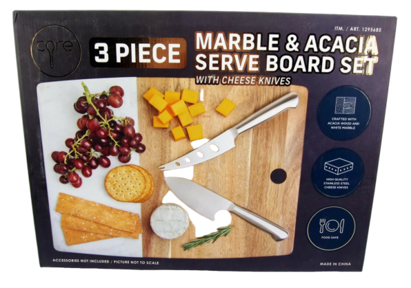 3 Piece Marble & Acacia Serve Board Set with Cheese Knives