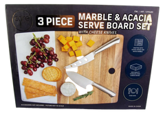 3 Piece Marble & Acacia Serve Board Set with Cheese Knives